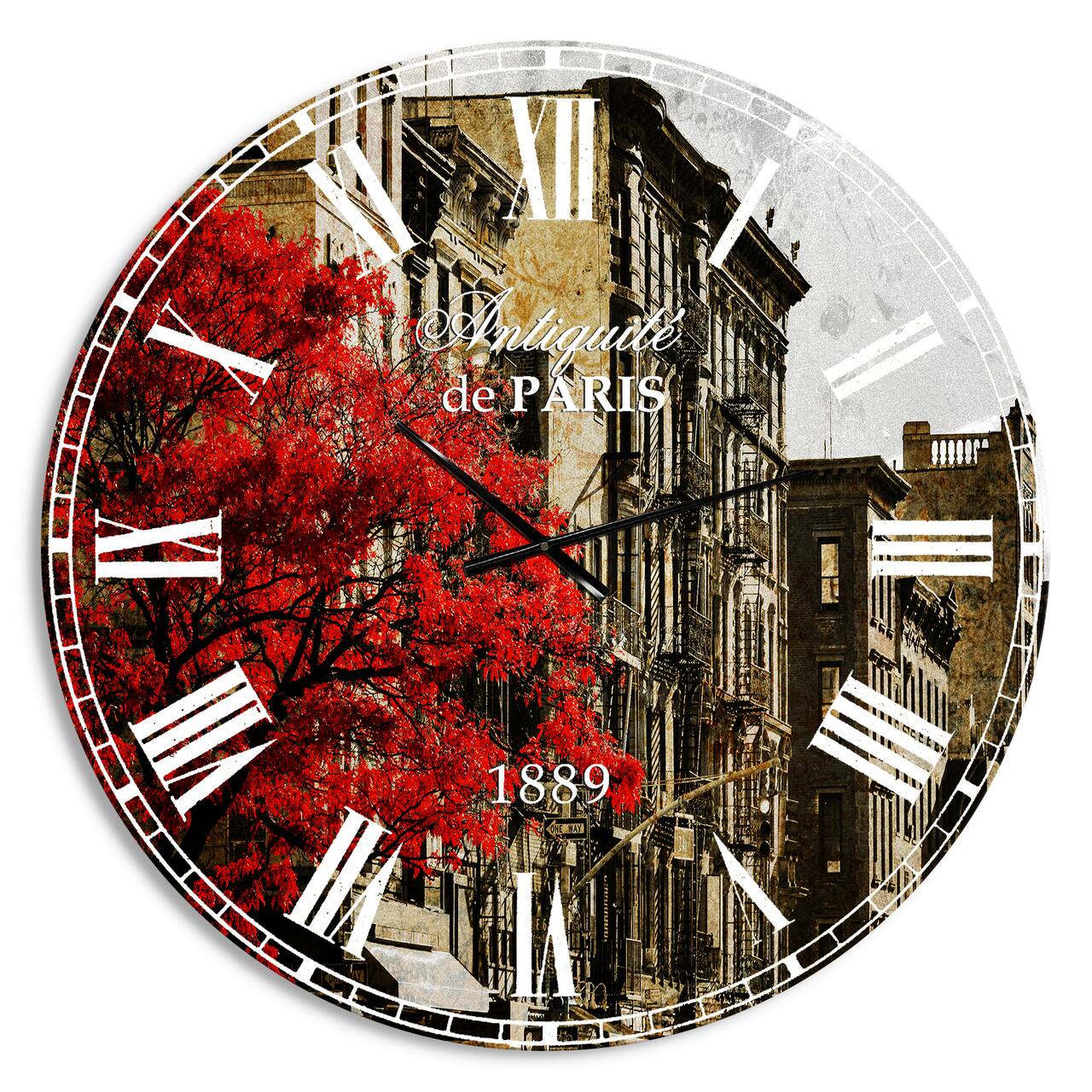 Designart 'Red Tree On Black And White New York City Street Industrial Wall Clock